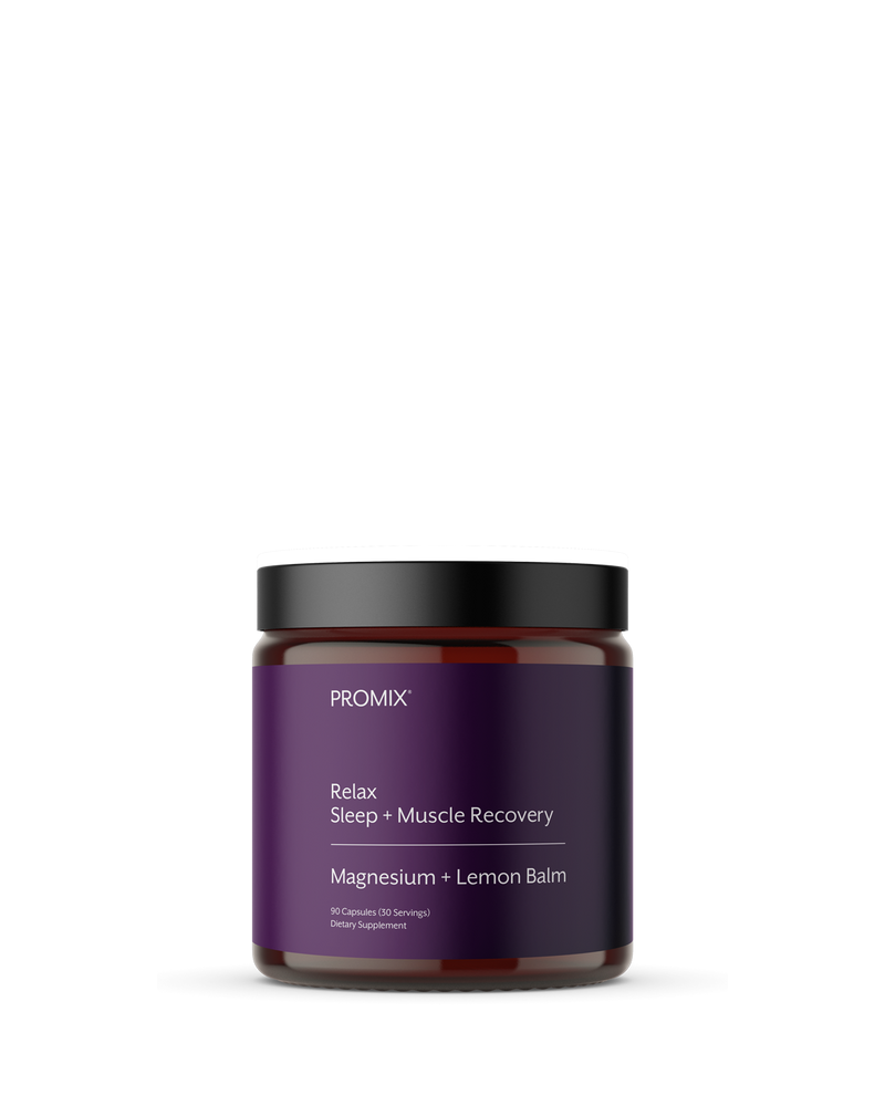 Promix Relax Magnesium Complex, a jar of magnesium bisglycinate with organic lemon balm, sold for sleep and muscle relaxation rather than for bloating.