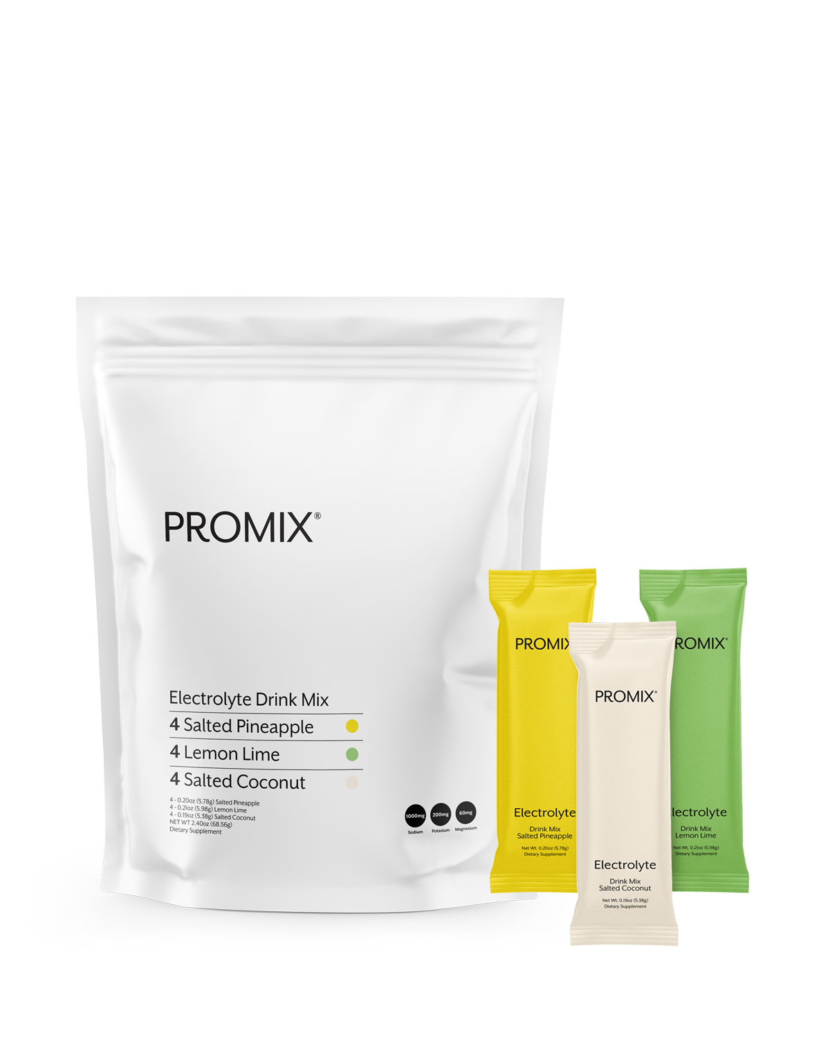 The Promix Tropical Variety Pack: a white Electrolyte Drink Mix pouch with a yellow, a cream and a green stick pack in front of it.