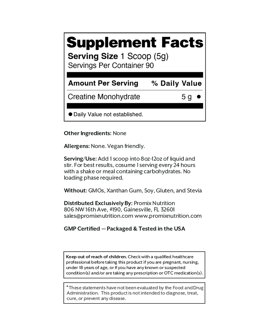 Supplement Facts panel for Promix Non-GMO Creatine, 90-serving size: serving size 1 scoop (5 g), creatine monohydrate 5 g, daily value not established.