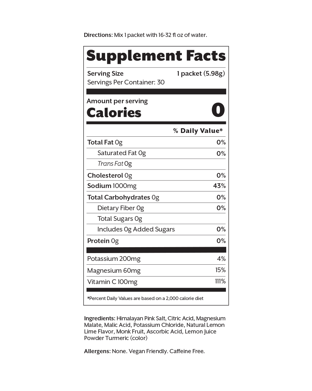 The Supplement Facts panel for one 5.98 gram packet of Promix Lemon Lime Electrolyte Drink Mix: 0 calories, 0 grams of sugar, 1,000 mg sodium, 200 mg potassium, 60 mg magnesium and 100 mg vitamin C, with the ingredients printed below.
