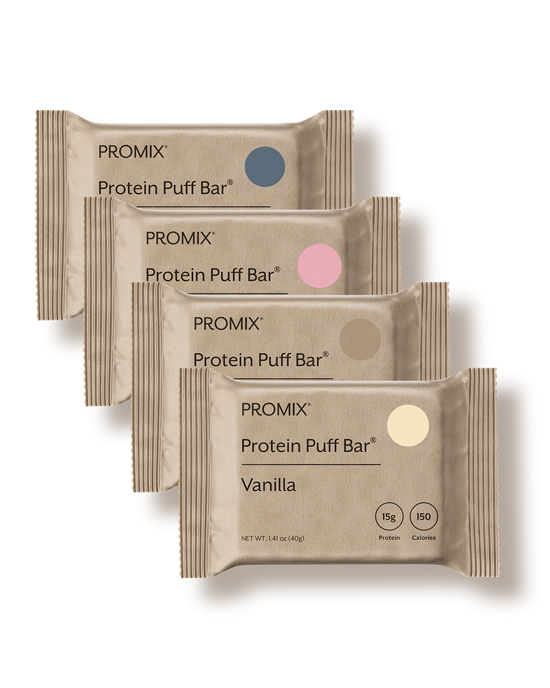Four wrapped Promix Protein Puff Bars stacked in a diagonal row, the front one Vanilla.