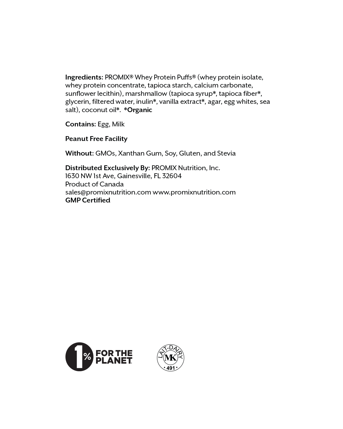 The printed ingredient panel for Promix Vanilla Protein Puff Bars, listing PROMIX Whey Protein Puffs first, then marshmallow, then coconut oil, with an allergen line for egg and milk.