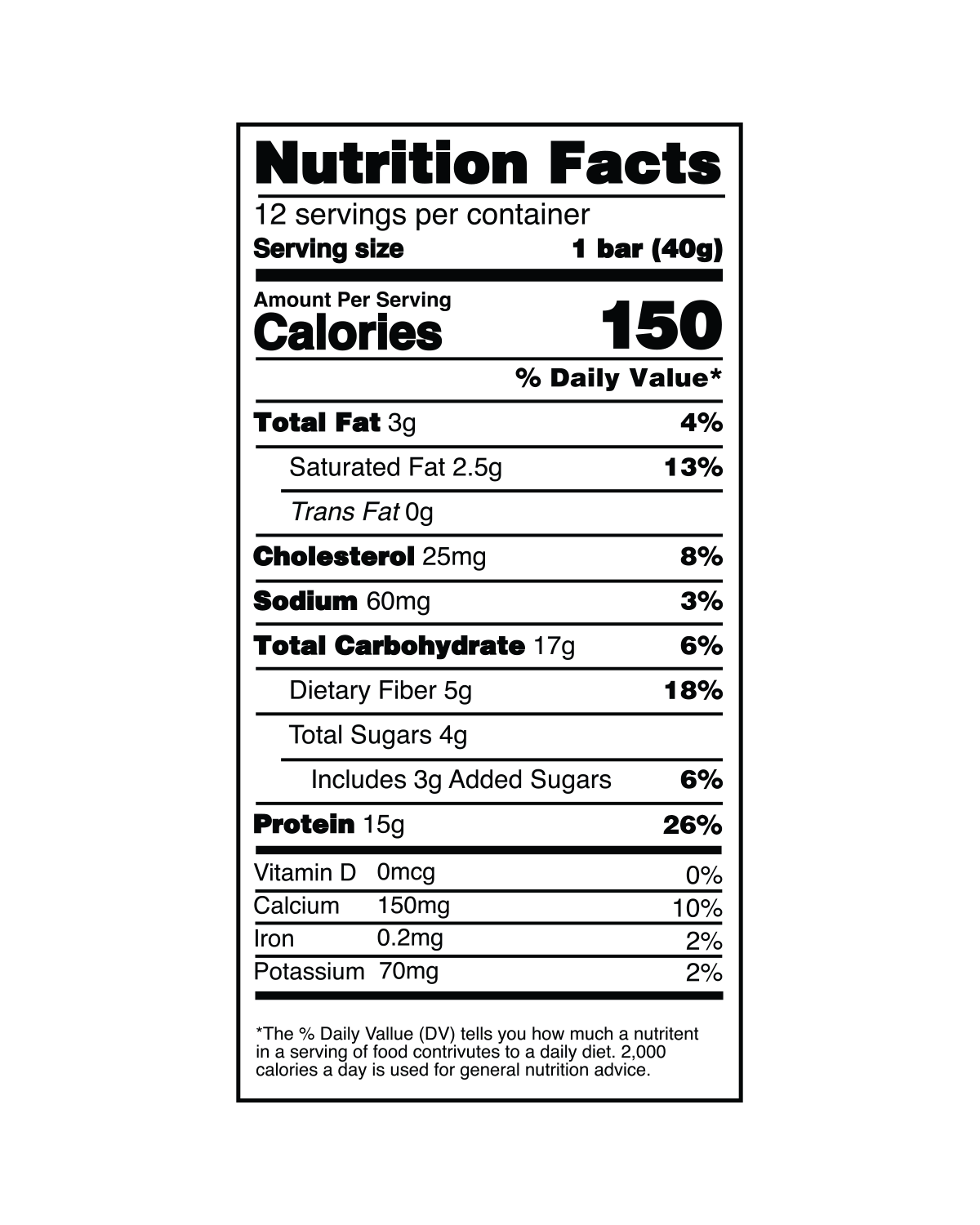 The Nutrition Facts panel for one 40 gram Promix Vanilla Protein Puff Bar: 150 calories, 3 grams of fat, 17 grams of carbohydrate, 5 grams of fiber, 3 grams of added sugars and 15 grams of protein.
