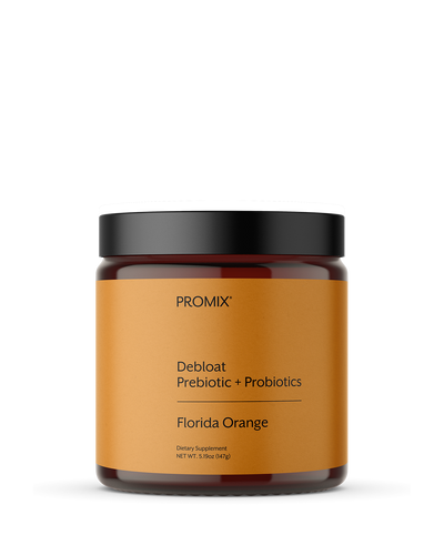 Promix Debloat Prebiotic plus Probiotics in Florida Orange, a 30 serving amber jar with an orange label, net weight 5.19 oz.
