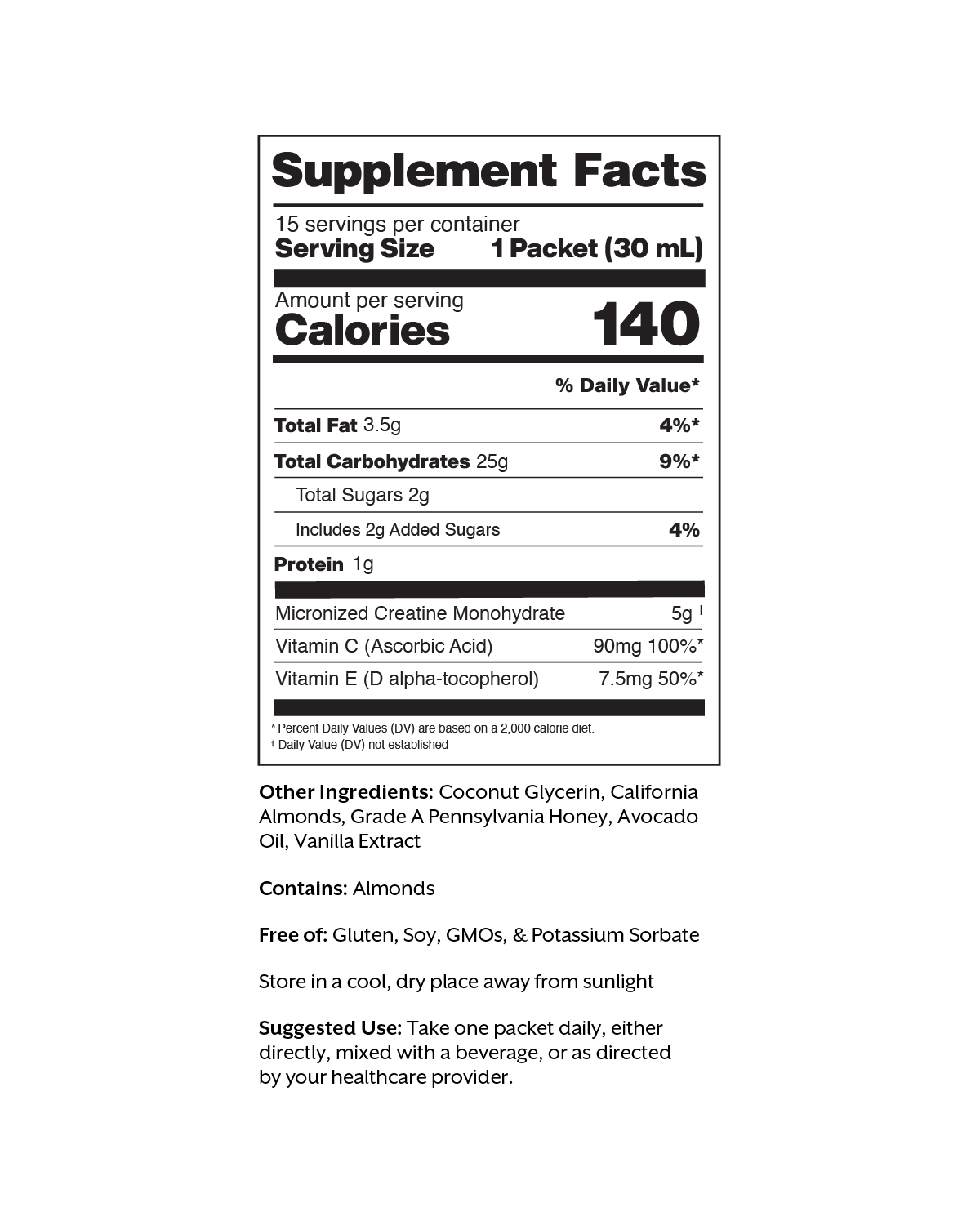 Supplement Facts panel for Promix Liposomal Creatine: 15 servings per container, serving size 1 packet 30 ml, 140 calories, 25 grams total carbohydrate, 5 grams micronized creatine monohydrate
