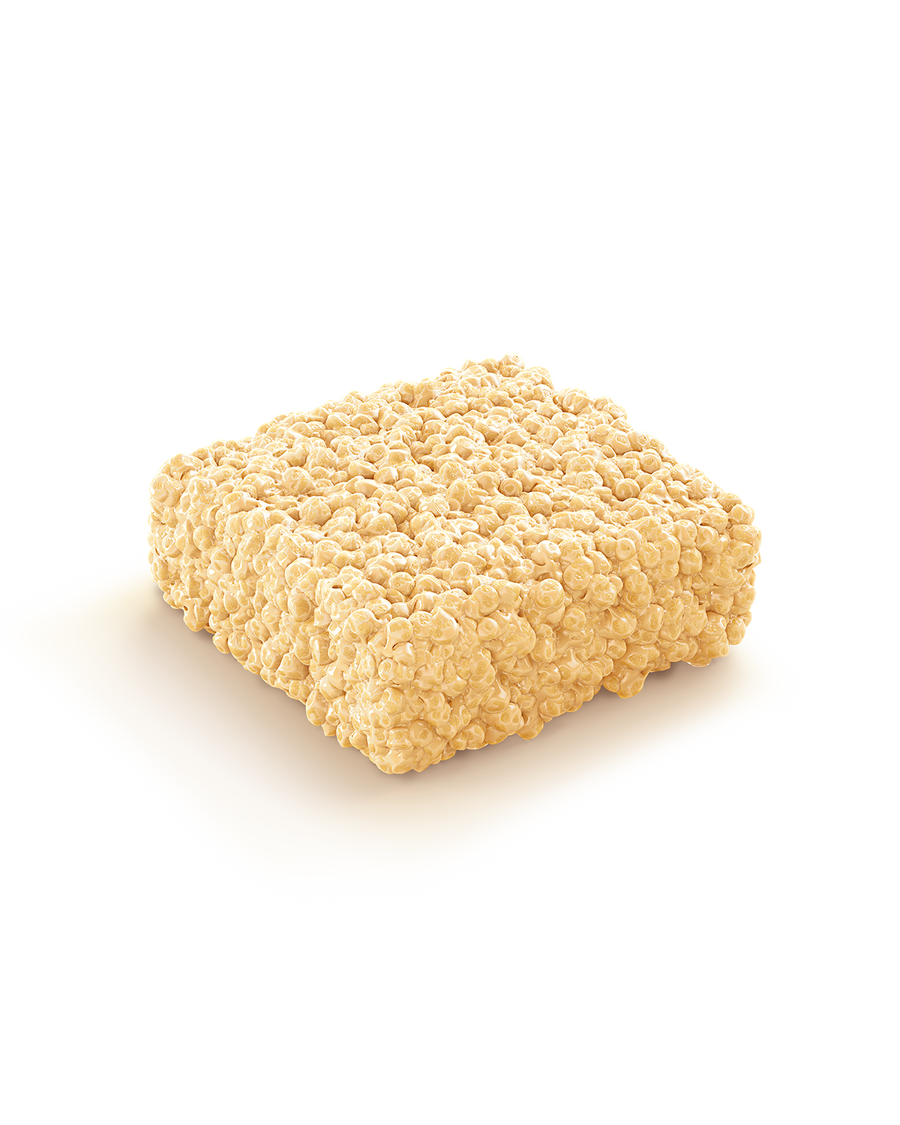 A whole unwrapped Promix Vanilla Protein Puff Bar, photographed so the puffed protein pieces and the binder holding them together are visible.