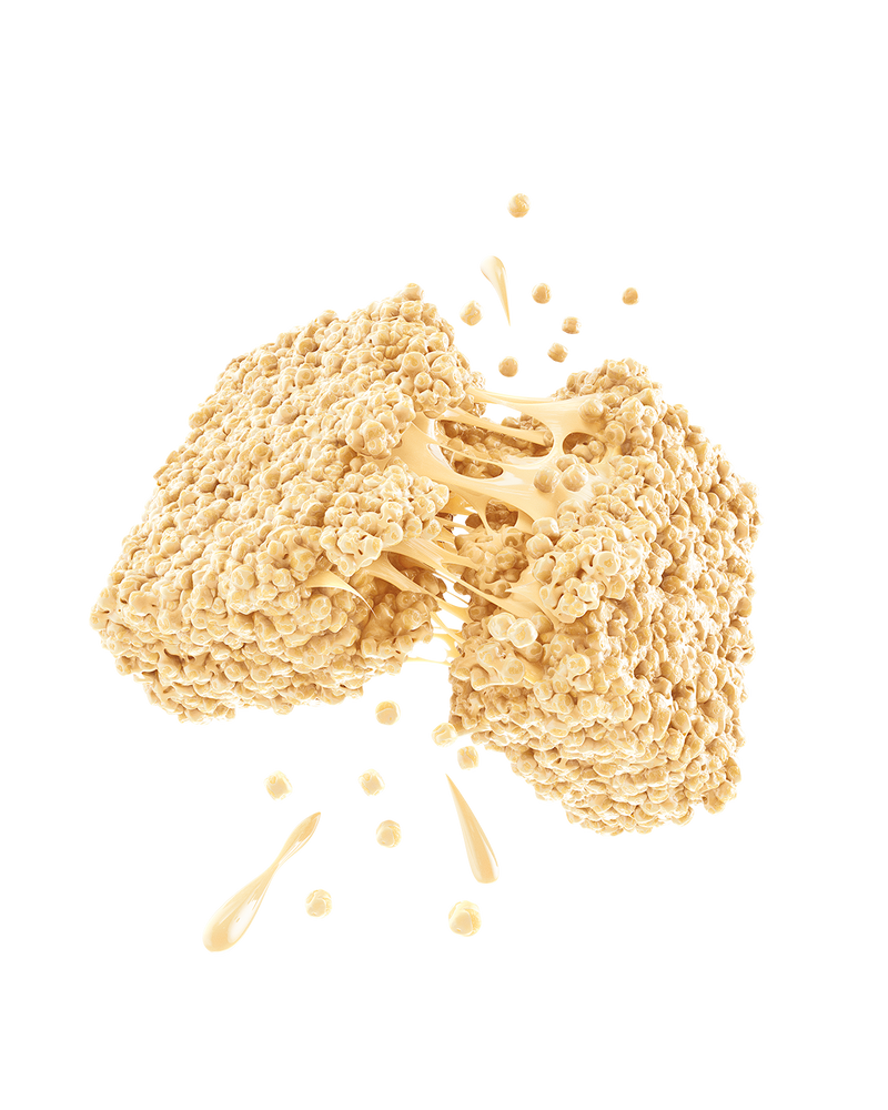 A Promix Vanilla Protein Puff Bar broken open in mid-air, with puffed protein pieces and strands of binder separating.