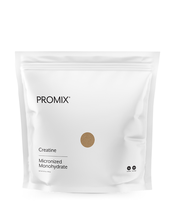 Promix Non-GMO Creatine 180-serving pouch, unflavored, on a white background.