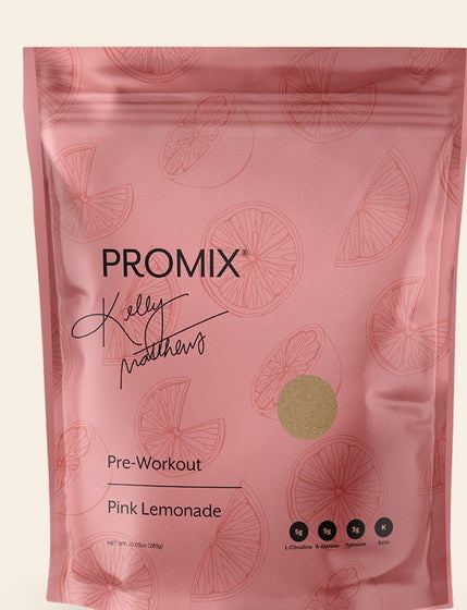 Promix Pre-Workout Pink Lemonade pouch, an all natural pre workout containing 5 grams of beta-alanine per serving