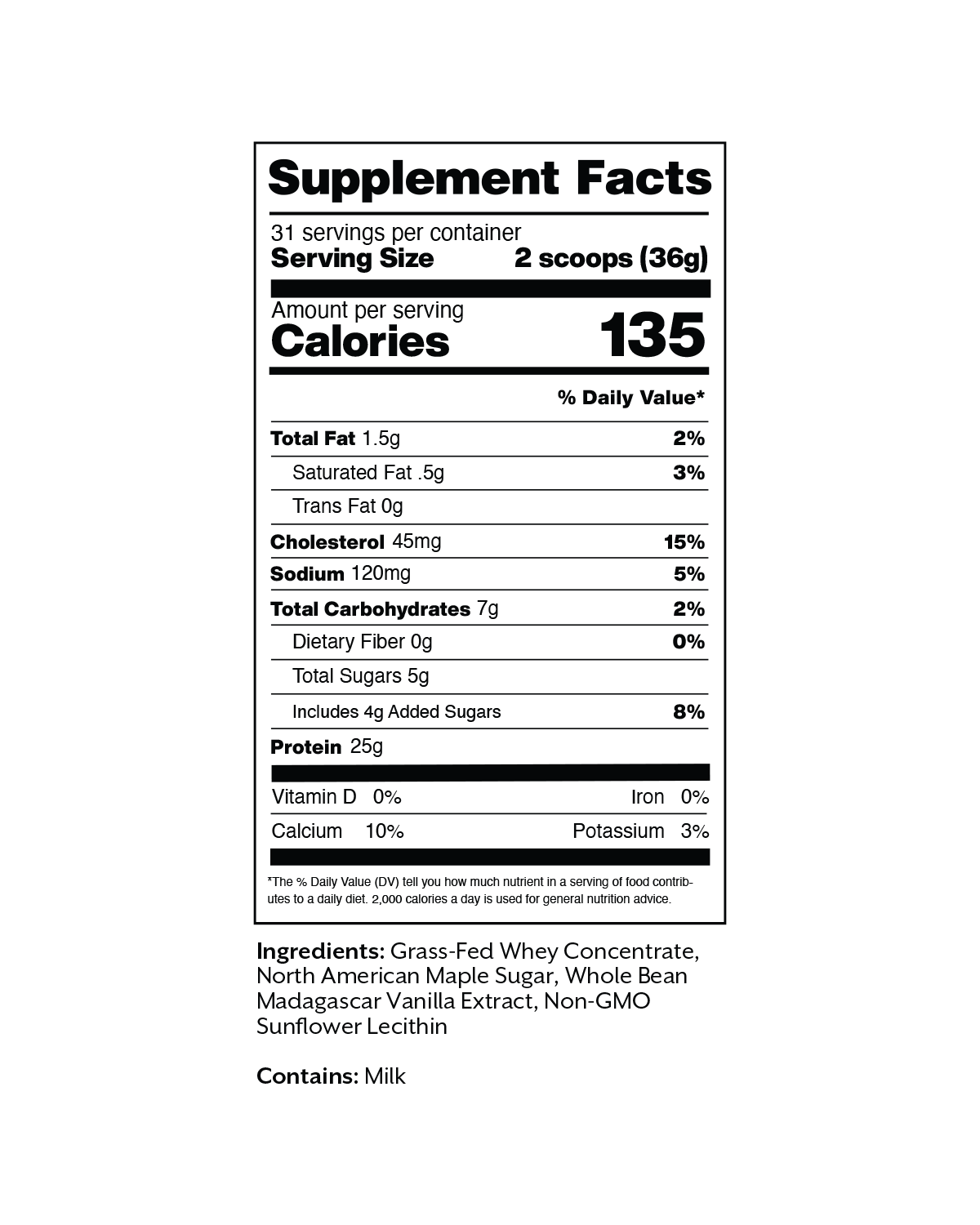 Supplement Facts panel for Promix Vanilla Whey Protein Powder showing 25 grams of protein per 36 gram two scoop serving.